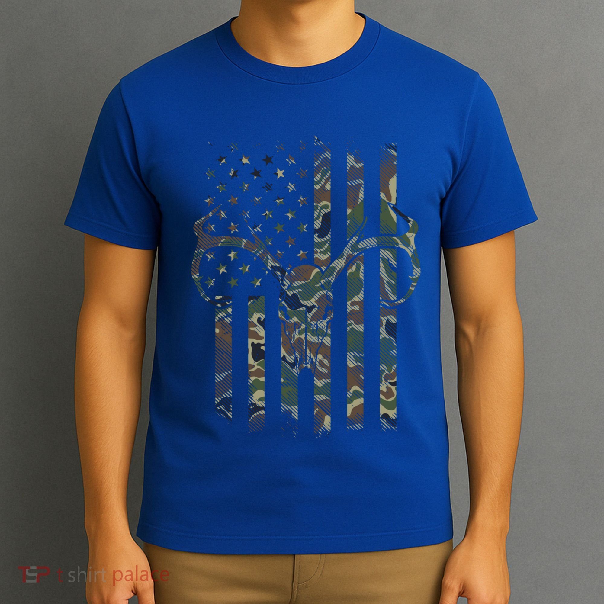 Camo American Flag Deer Skull Elk Hunting Usa Hunter Gift T-Shirt