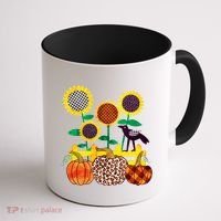 Cute Autumn Fall Patterns Raven Crow Sunflowers Pumpkins Coffee Mug thumb 1