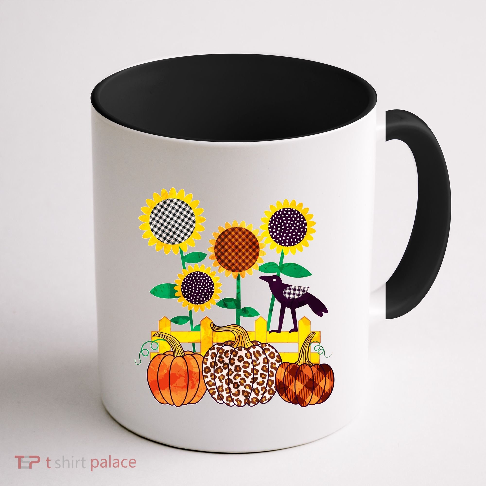 Cute Autumn Fall Patterns Raven Crow Sunflowers Pumpkins Coffee Mug
