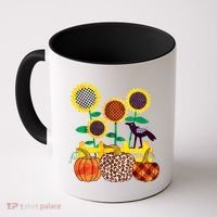 Cute Autumn Fall Patterns Raven Crow Sunflowers Pumpkins Coffee Mug thumb 0