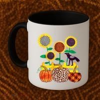 Cute Autumn Fall Patterns Raven Crow Sunflowers Pumpkins Coffee Mug thumb 2
