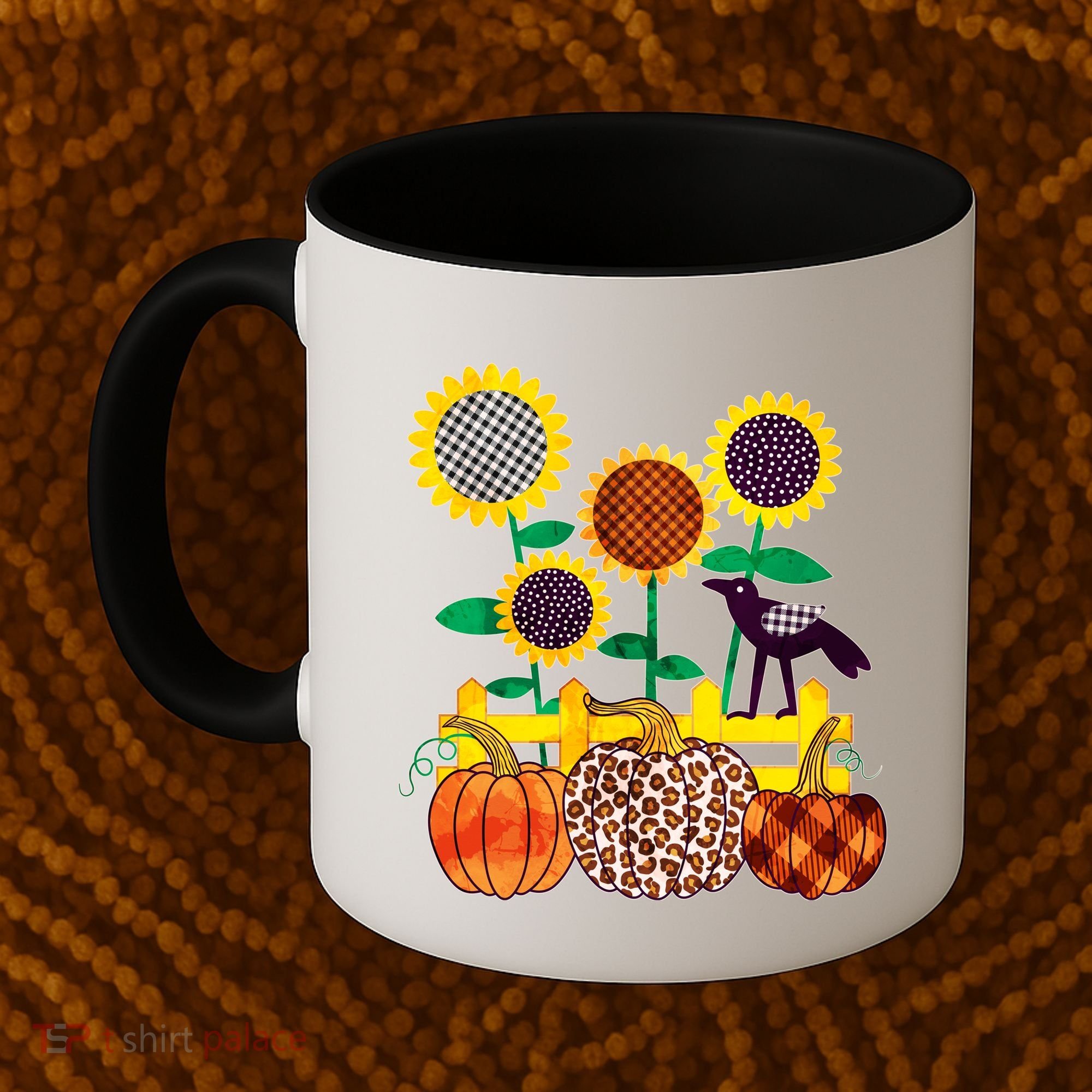 Cute Autumn Fall Patterns Raven Crow Sunflowers Pumpkins Coffee Mug