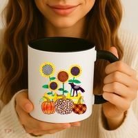 Cute Autumn Fall Patterns Raven Crow Sunflowers Pumpkins Coffee Mug thumb 3