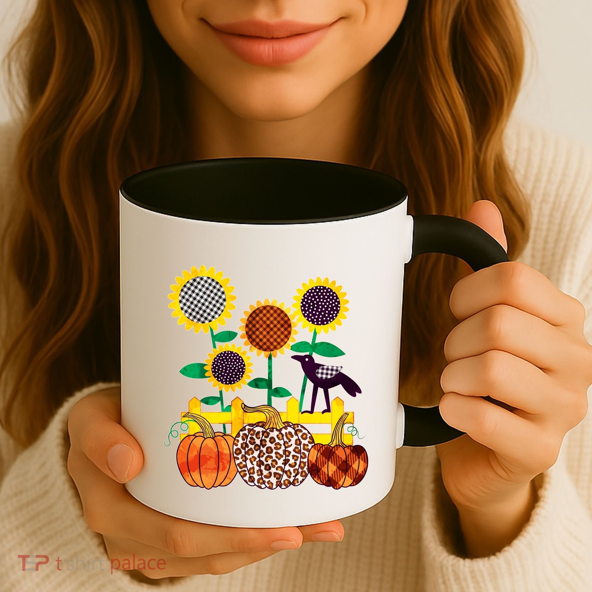 Cute Autumn Fall Patterns Raven Crow Sunflowers Pumpkins Coffee Mug