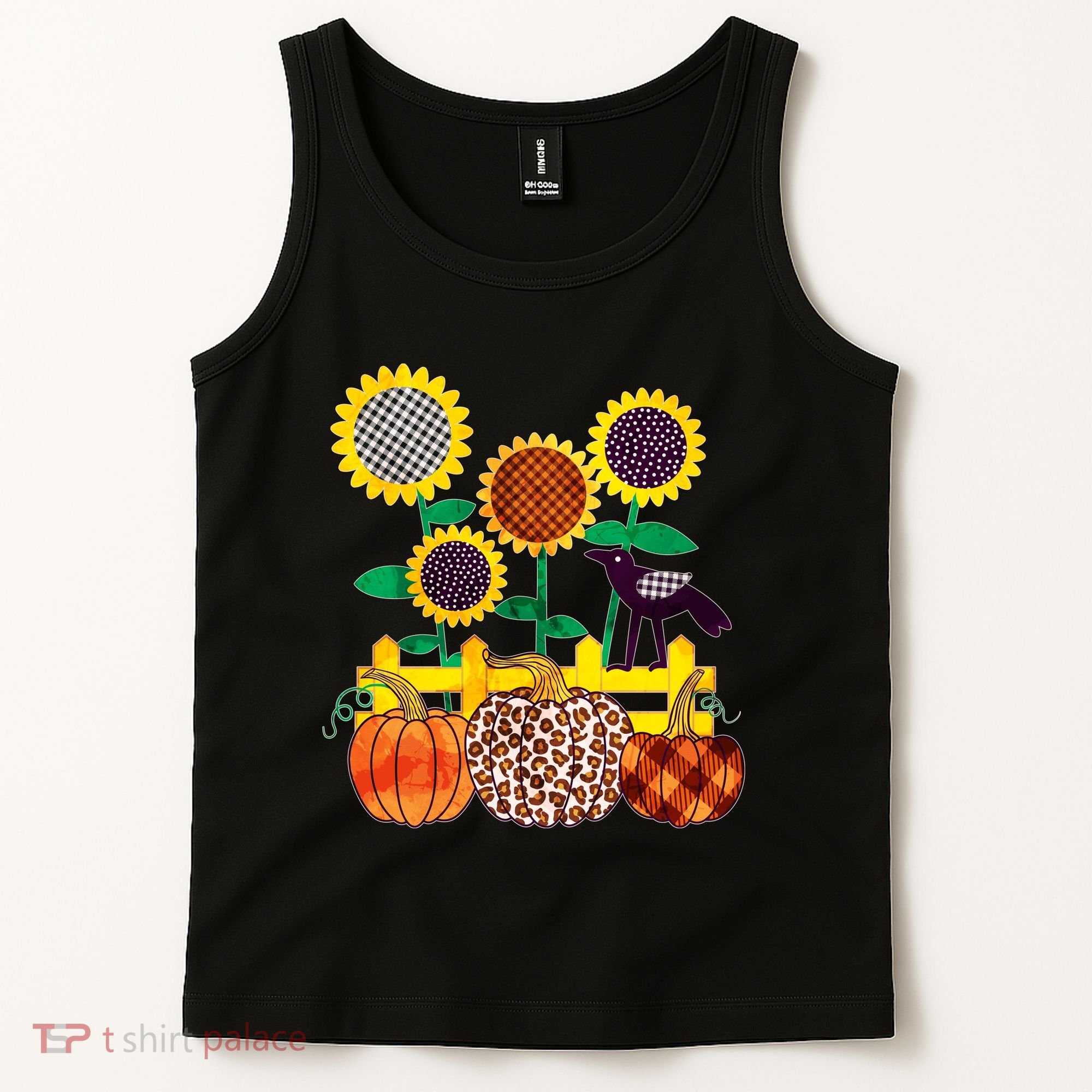 Cute Autumn Fall Patterns Raven Crow Sunflowers Pumpkins Tank Top