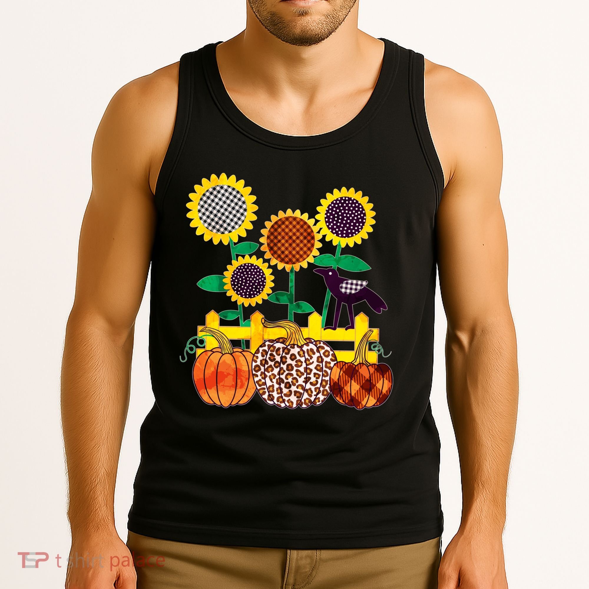 Cute Autumn Fall Patterns Raven Crow Sunflowers Pumpkins Tank Top