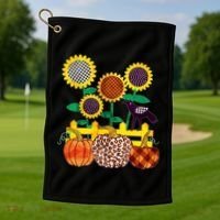 Cute Autumn Fall Patterns Raven Crow Sunflowers Pumpkins Golf Towel thumb 1