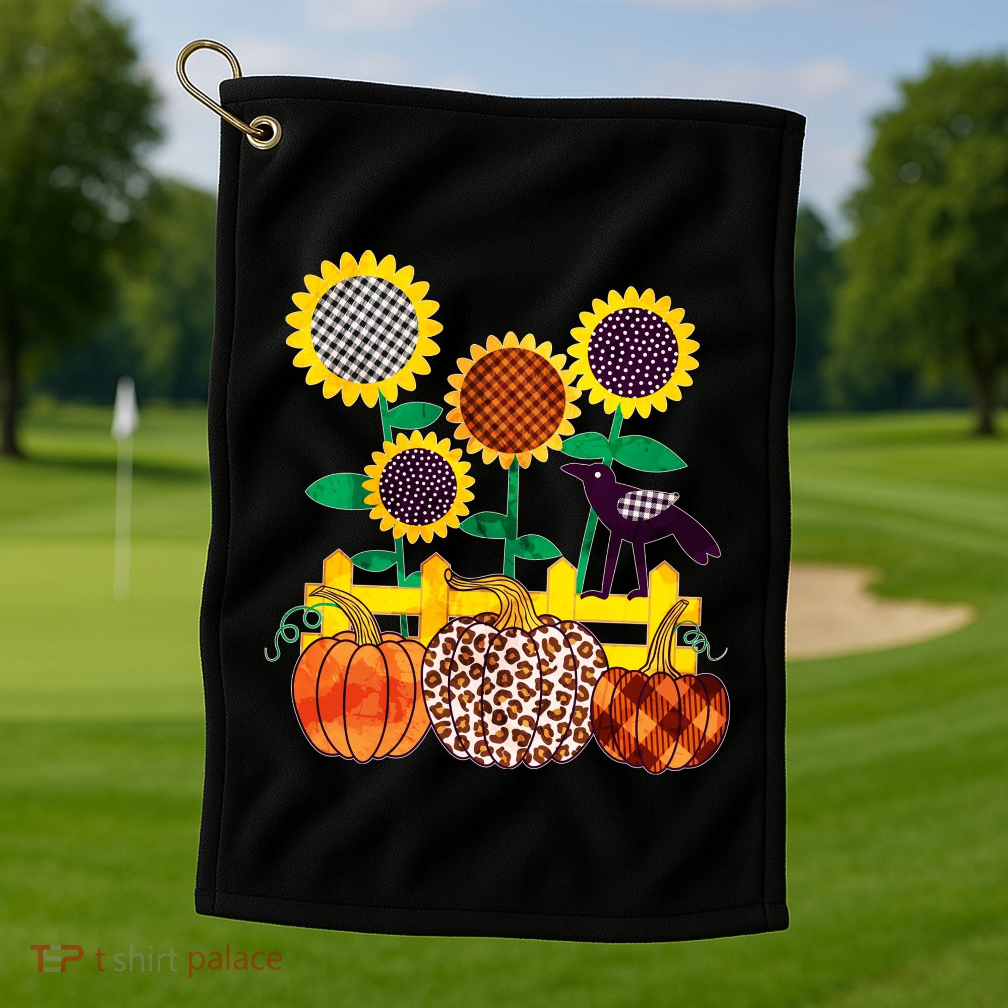 Cute Autumn Fall Patterns Raven Crow Sunflowers Pumpkins Golf Towel