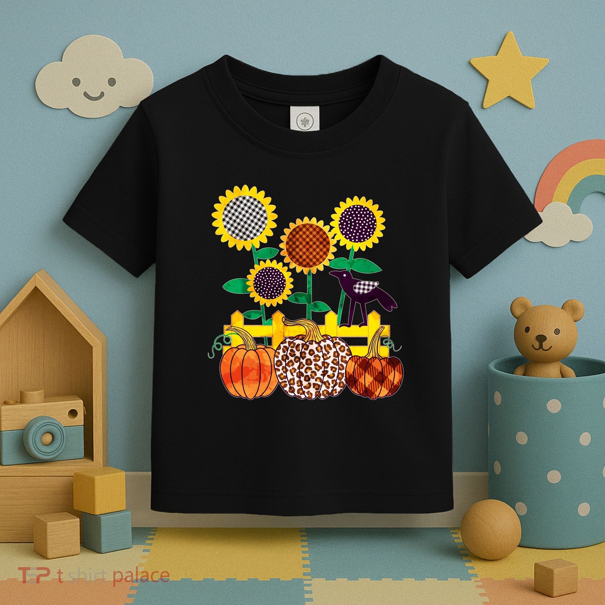 Cute Autumn Fall Patterns Raven Crow Sunflowers Pumpkins Toddler T-Shirt