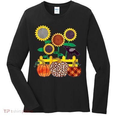Cute Autumn Fall Patterns Raven Crow Sunflowers Pumpkins Women's Long Sleeve Shirt