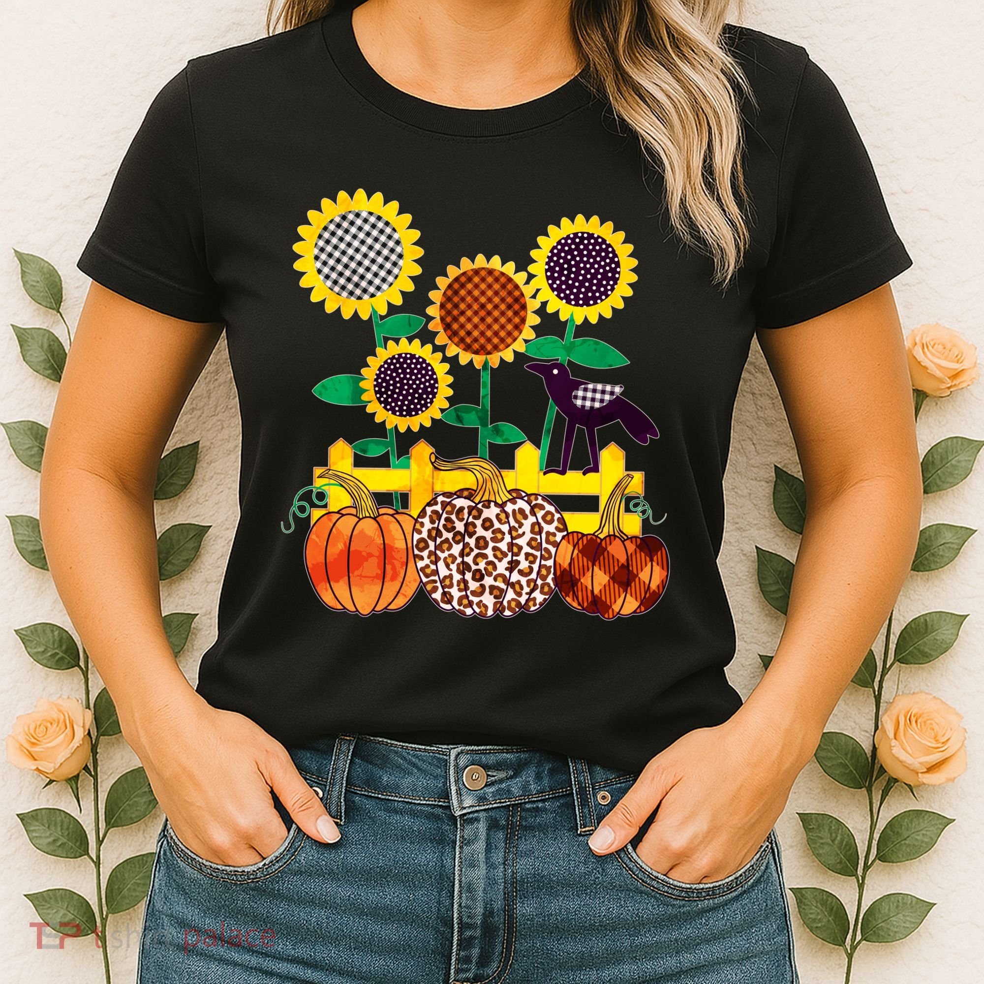 Cute Autumn Fall Patterns Raven Crow Sunflowers Pumpkins Women's T-Shirt