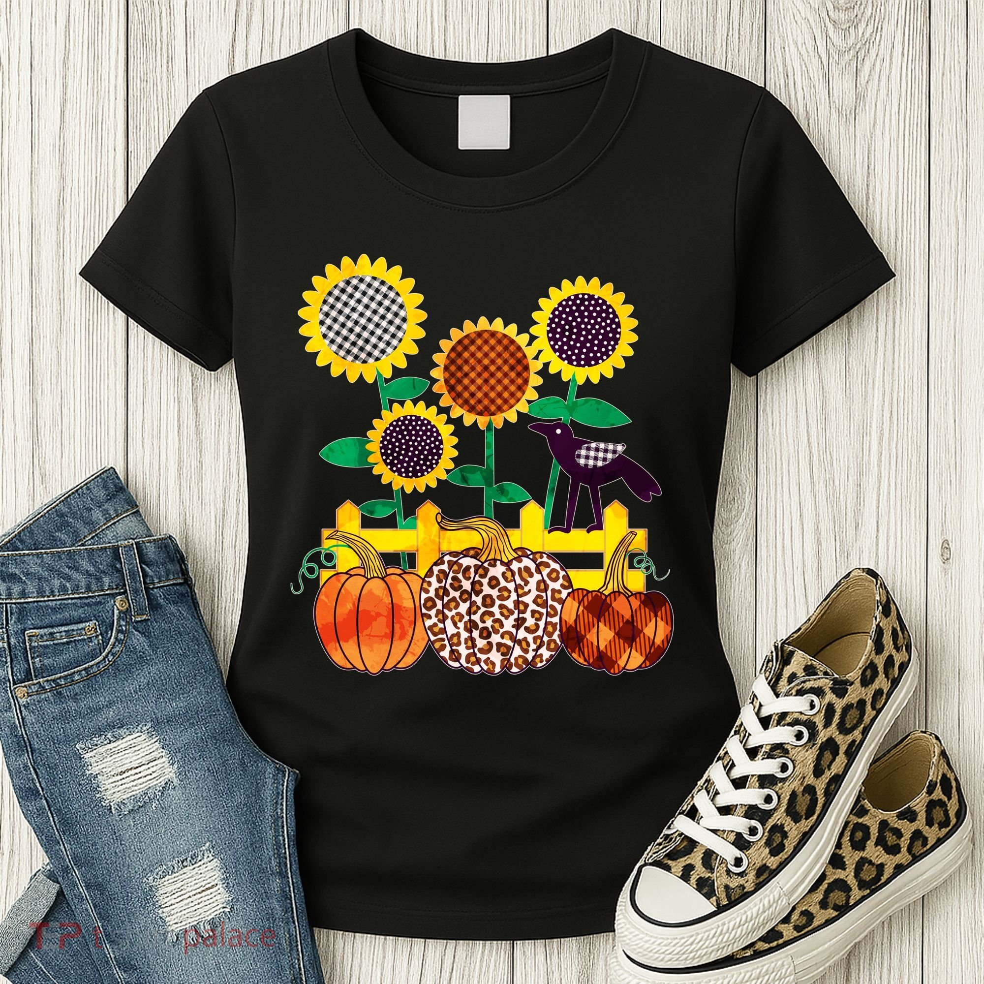 Cute Autumn Fall Patterns Raven Crow Sunflowers Pumpkins Women's T-Shirt