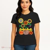 Cute Autumn Fall Patterns Raven Crow Sunflowers Pumpkins Women's T-Shirt thumb 4