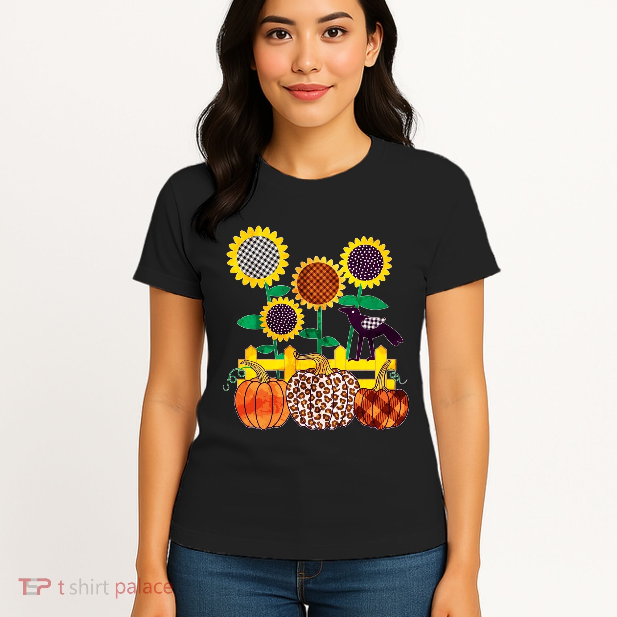 Cute Autumn Fall Patterns Raven Crow Sunflowers Pumpkins Women's T-Shirt