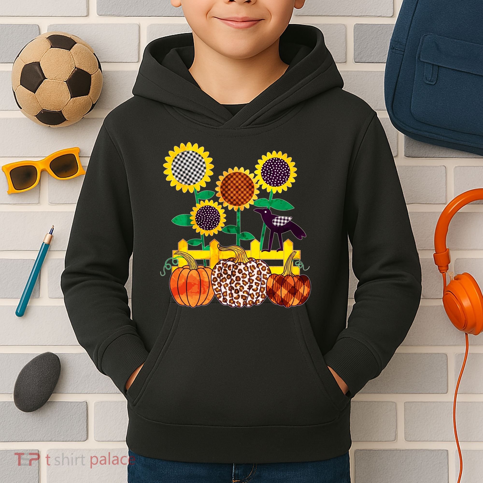 Cute Autumn Fall Patterns Raven Crow Sunflowers Pumpkins Kids Hoodie