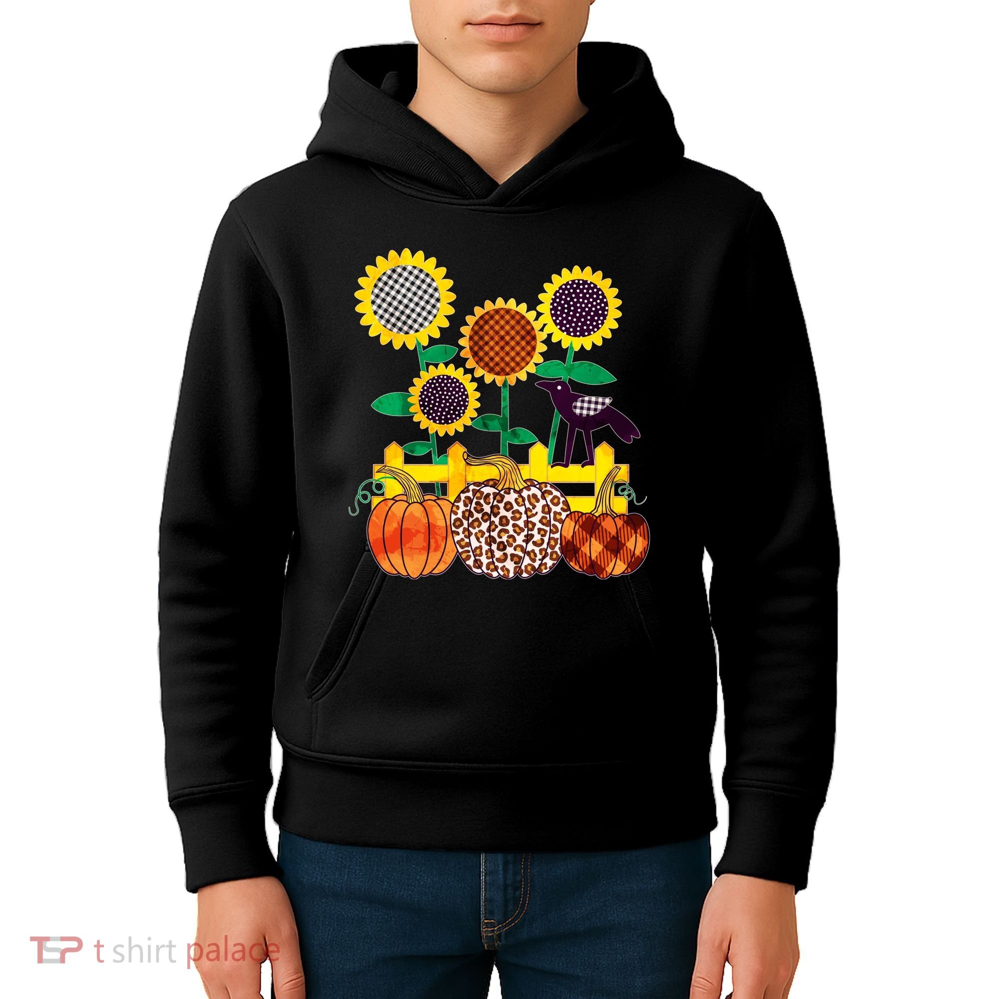 Cute Autumn Fall Patterns Raven Crow Sunflowers Pumpkins Kids Hoodie
