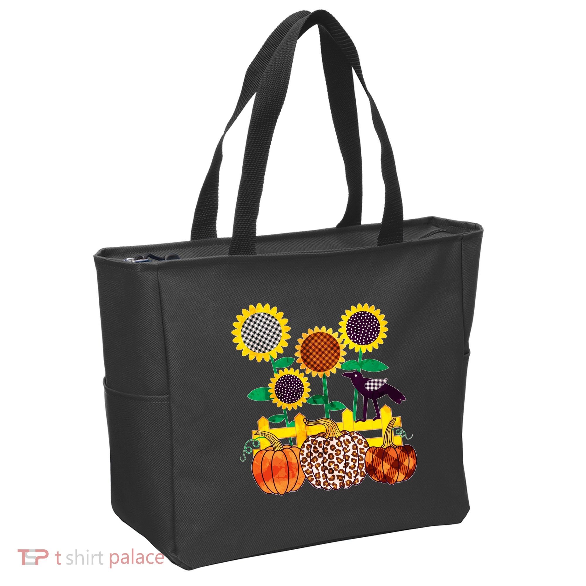 Cute Autumn Fall Patterns Raven Crow Sunflowers Pumpkins Tote Bag