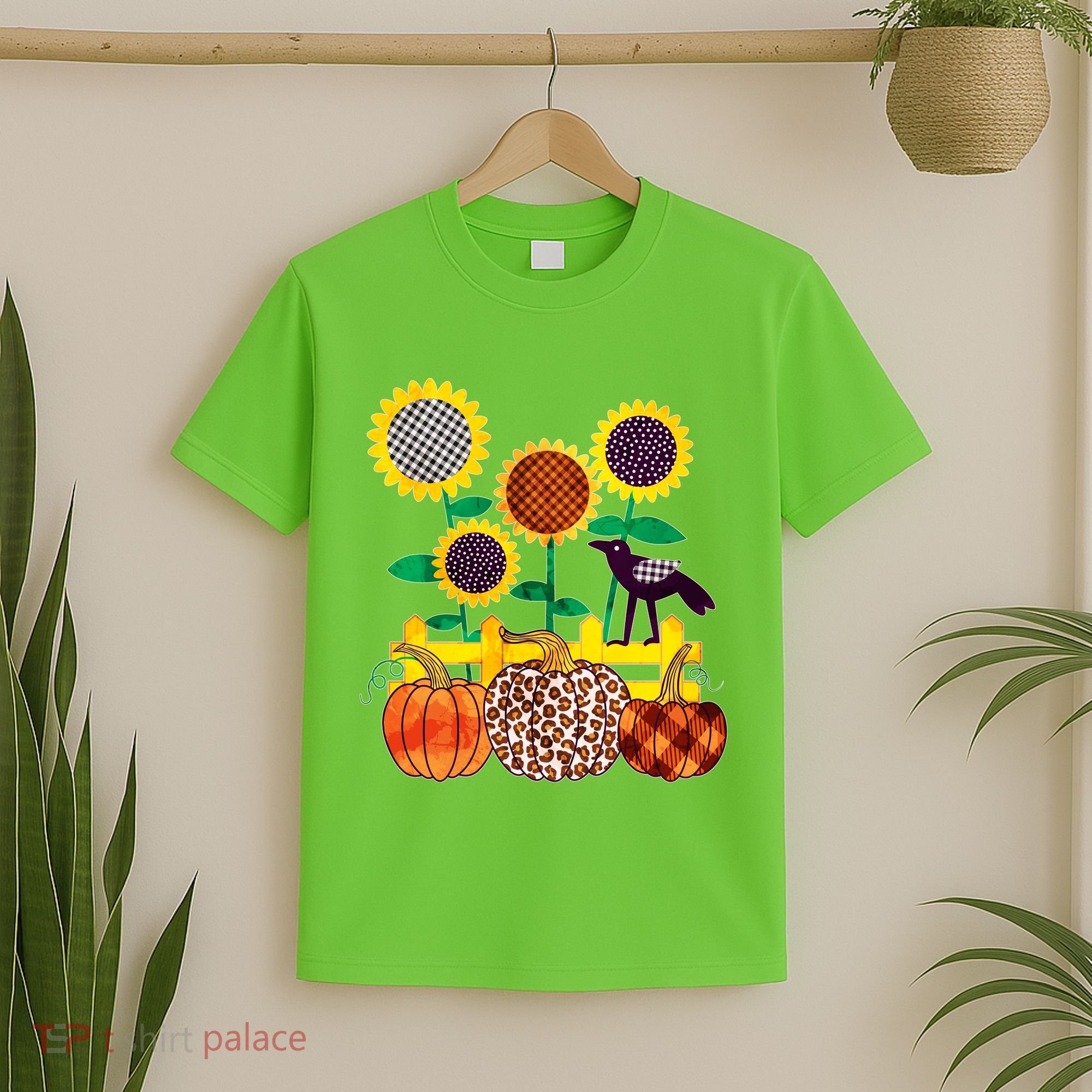 Cute Autumn Fall Patterns Raven Crow Sunflowers Pumpkins T-Shirt