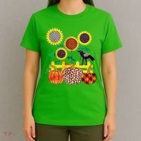 Cute Autumn Fall Patterns Raven Crow Sunflowers Pumpkins T-Shirt thumb 4
