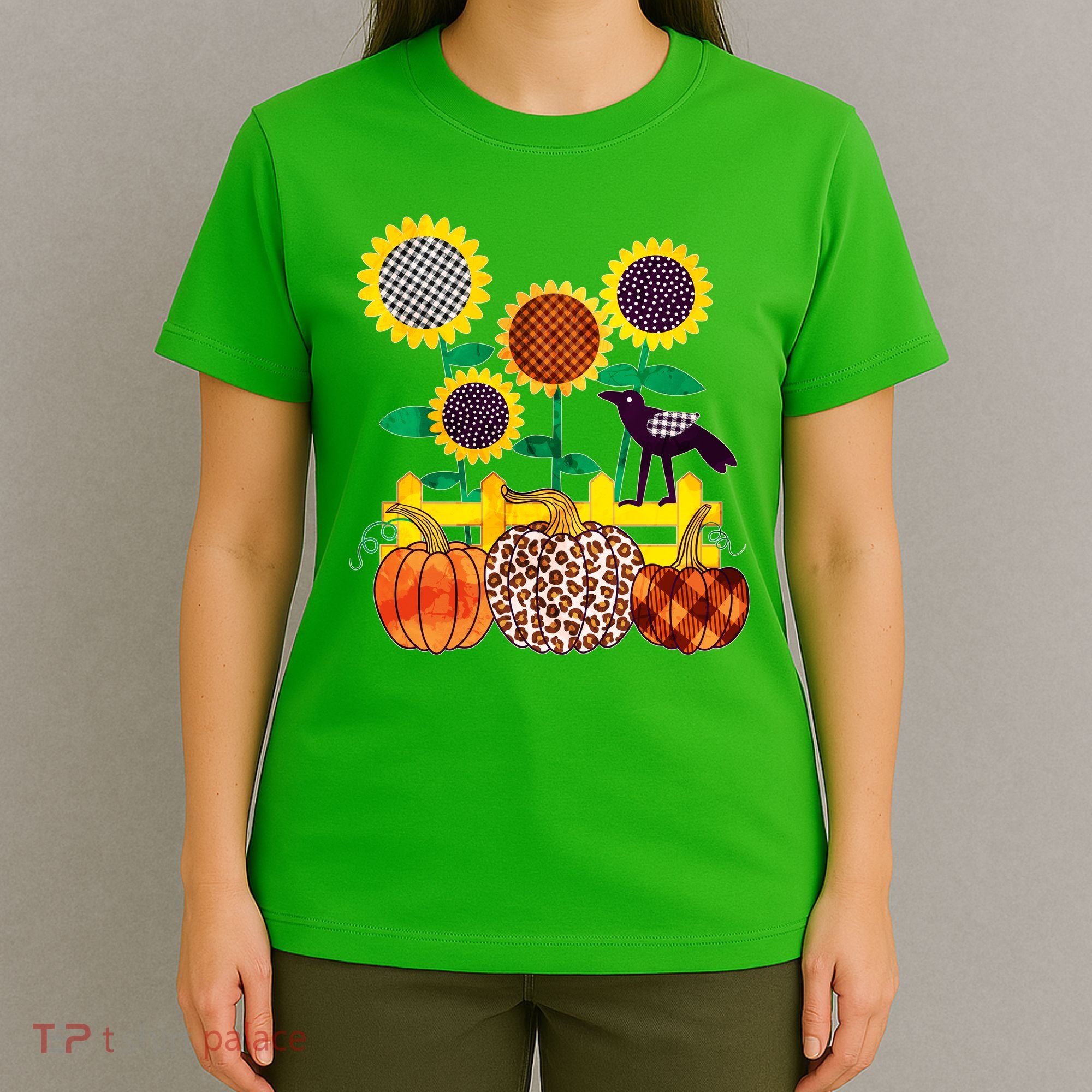Cute Autumn Fall Patterns Raven Crow Sunflowers Pumpkins T-Shirt