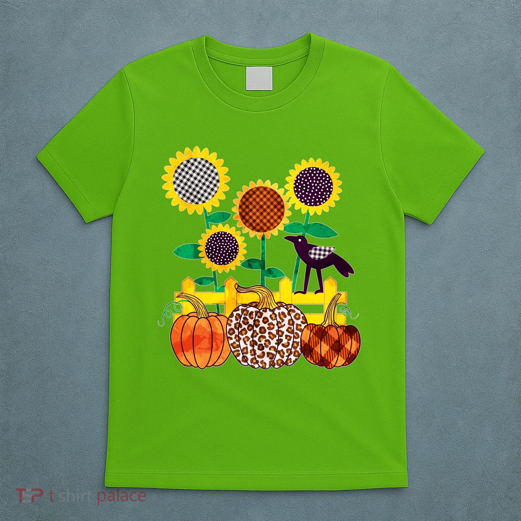 Cute Autumn Fall Patterns Raven Crow Sunflowers Pumpkins T-Shirt