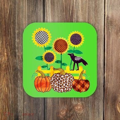 Cute Autumn Fall Patterns Raven Crow Sunflowers Pumpkins Coaster