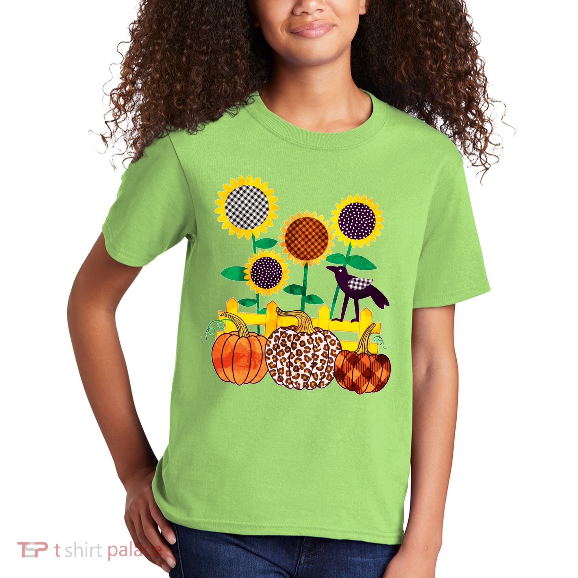 Cute Autumn Fall Patterns Raven Crow Sunflowers Pumpkins Kids T-Shirt