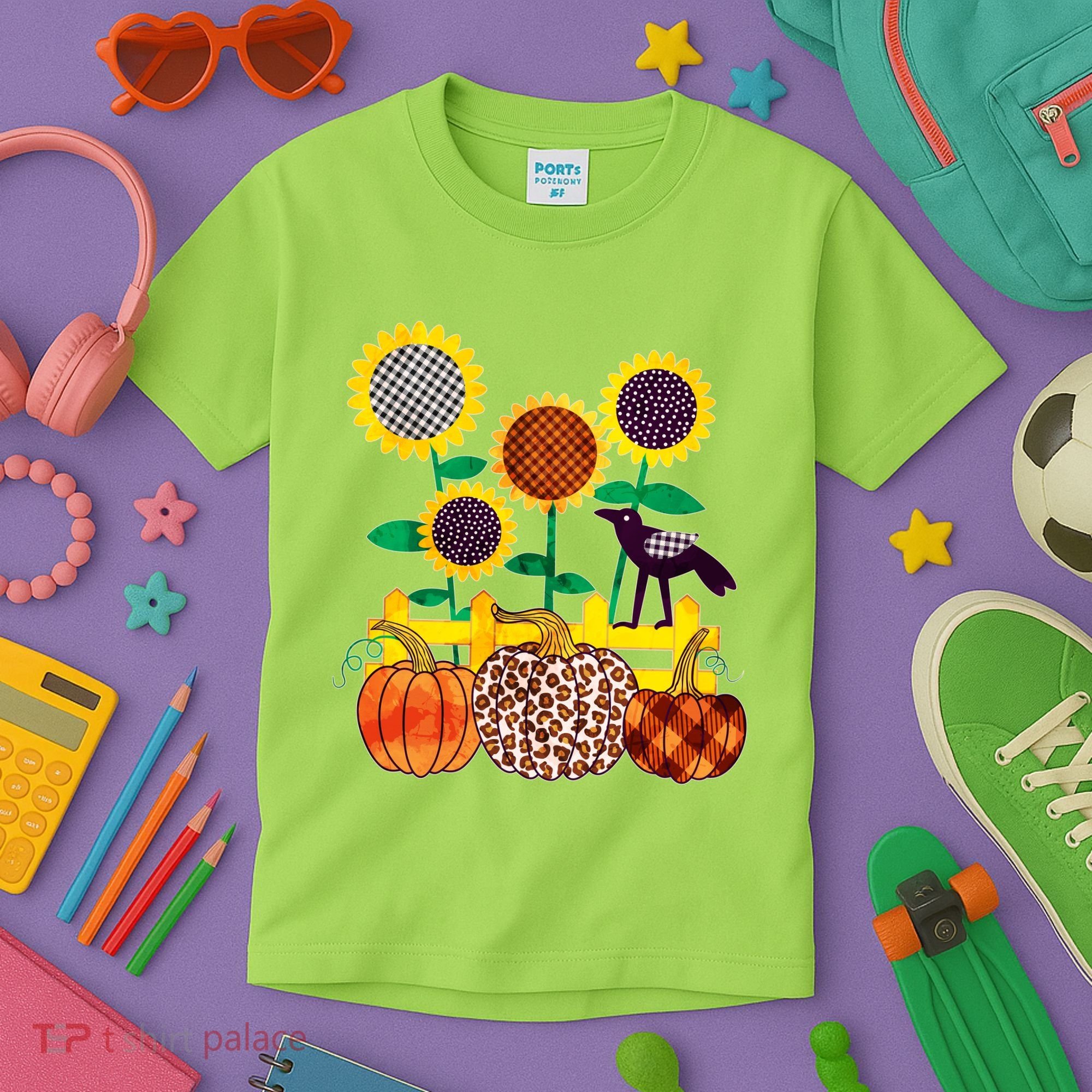 Cute Autumn Fall Patterns Raven Crow Sunflowers Pumpkins Kids T-Shirt