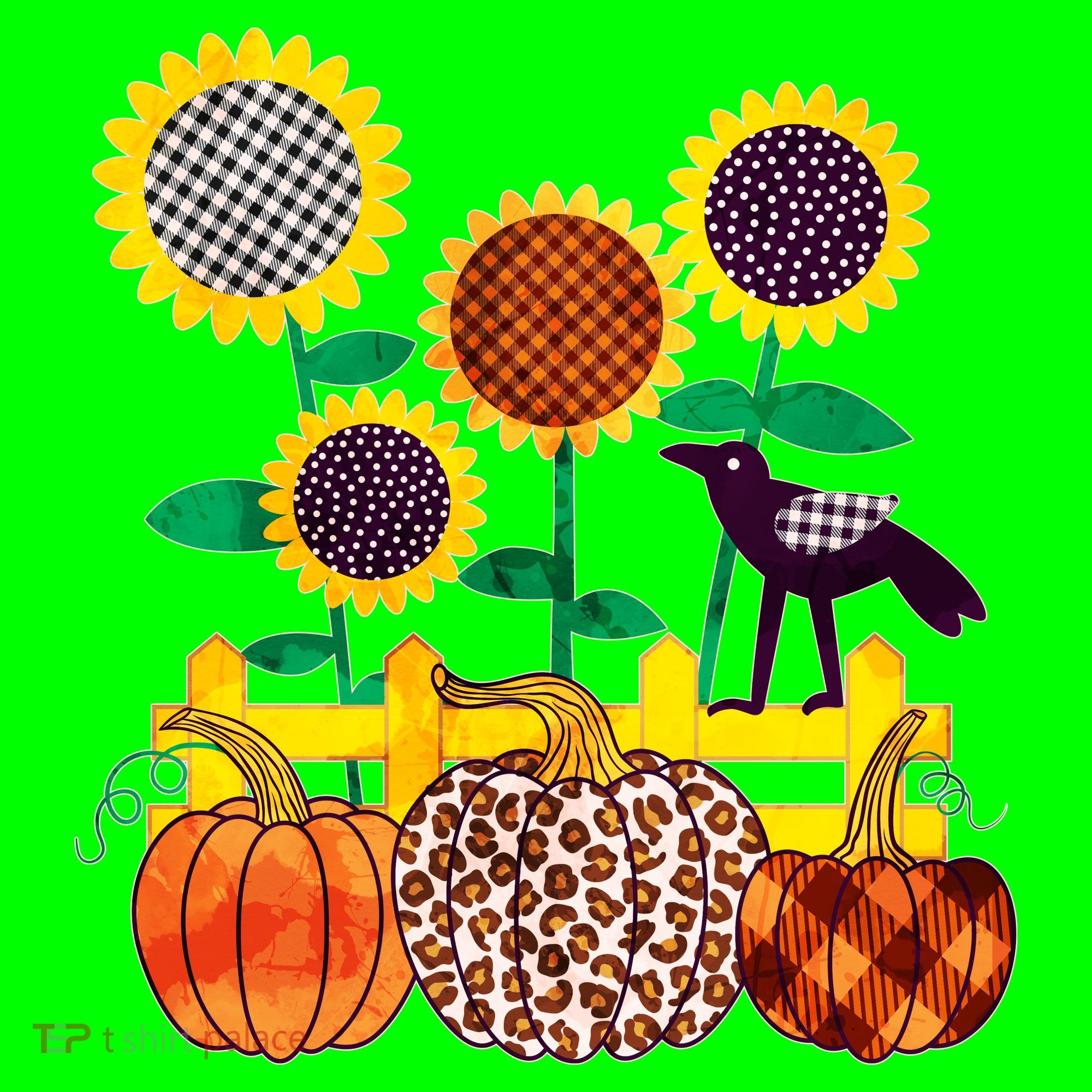 Cute Autumn Fall Patterns Raven Crow Sunflowers Pumpkins Kids T-Shirt