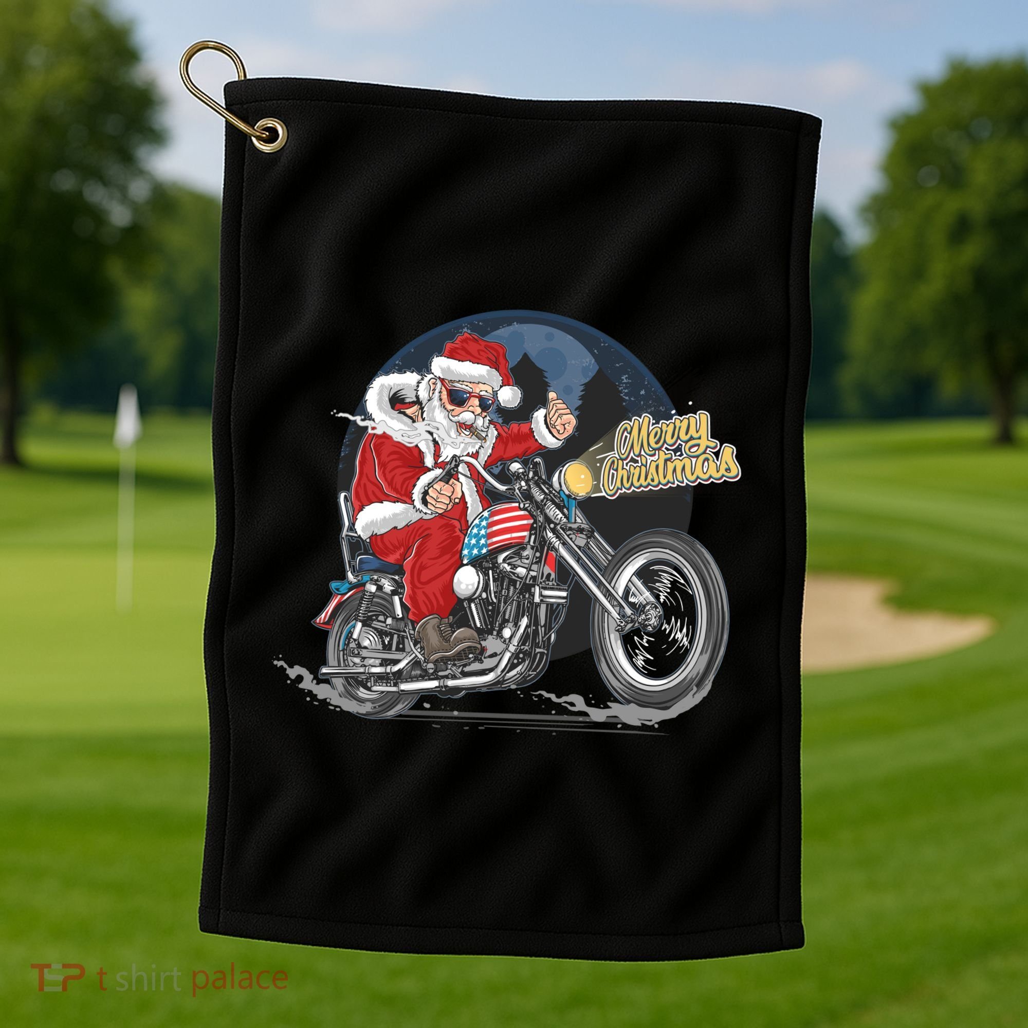 Cool American Flag Motorcycle Santa Claus Golf Towel