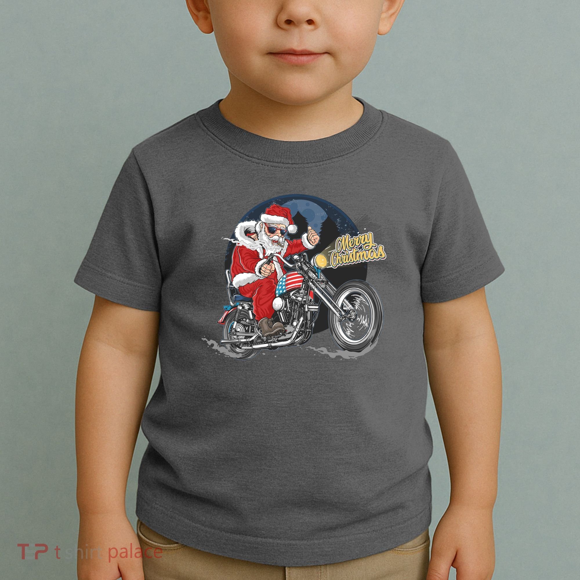Cool American Flag Motorcycle Santa Claus Toddler T-Shirt