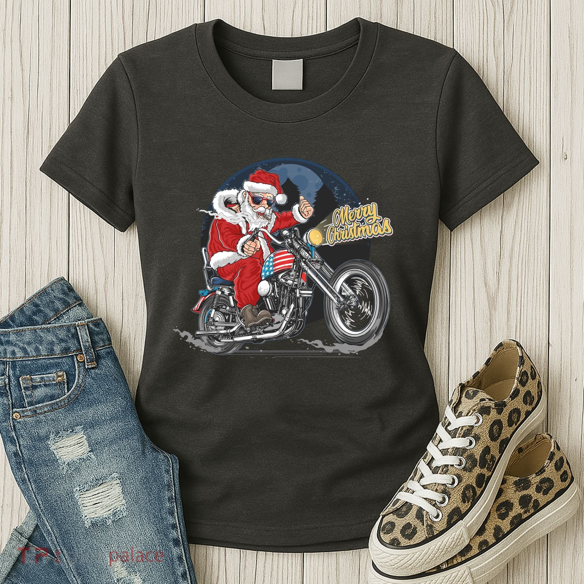 Cool American Flag Motorcycle Santa Claus Women's T-Shirt