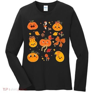 Cute Autumn Fall Pumpkins Ribbons Bows Women's Long Sleeve Shirt