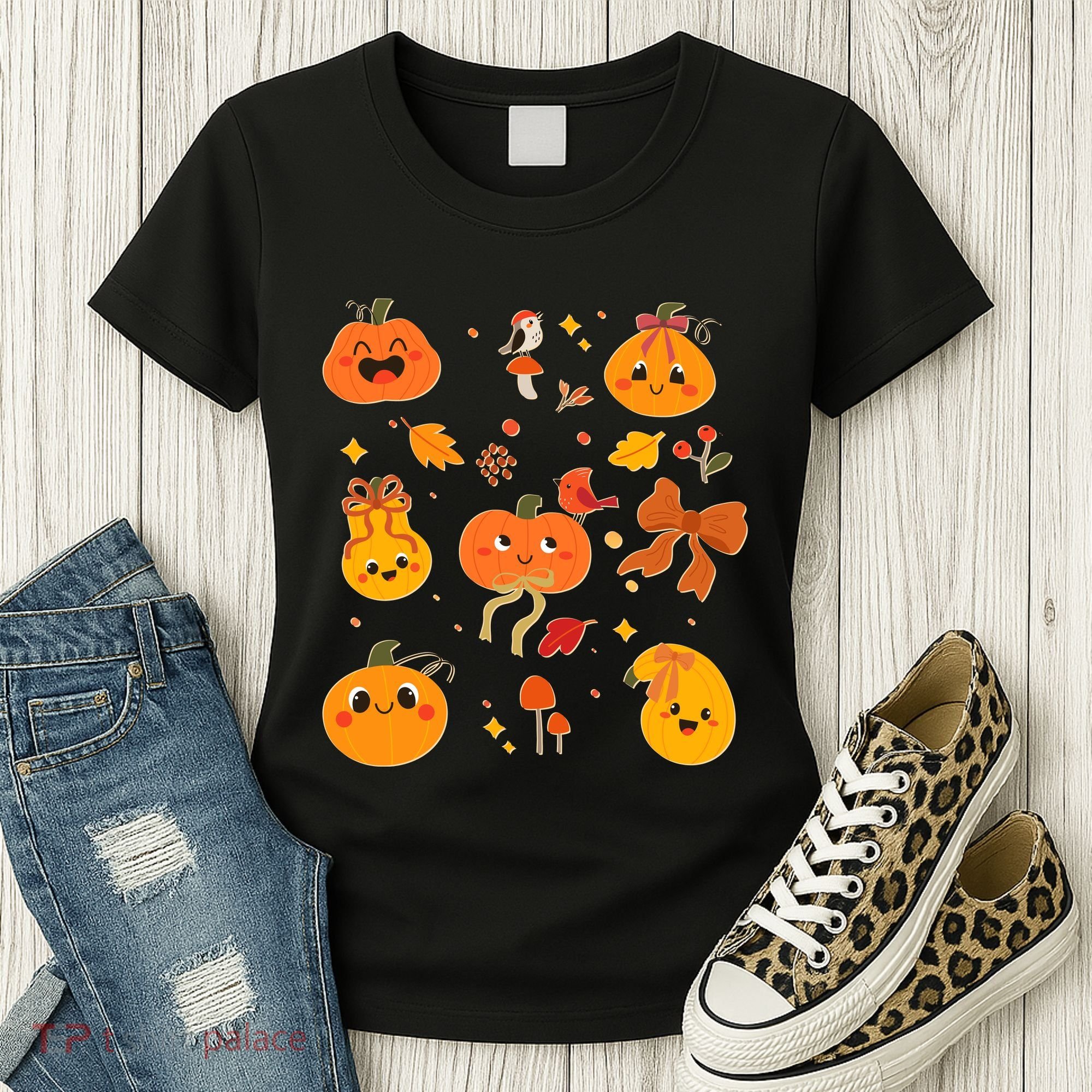 Cute Autumn Fall Pumpkins Ribbons Bows Women's T-Shirt
