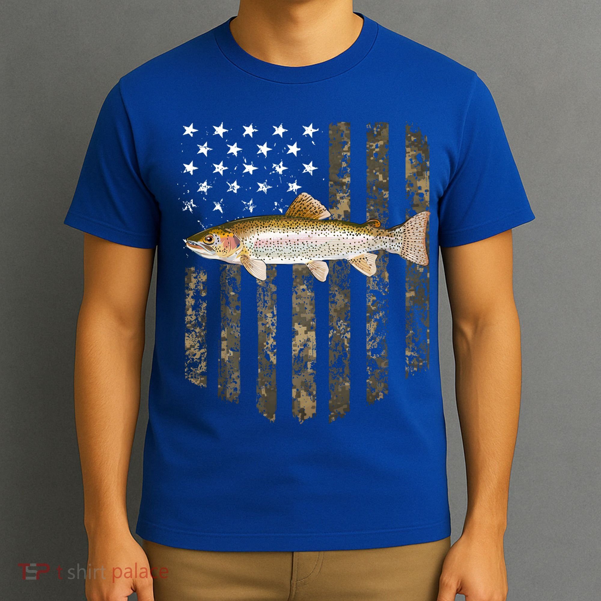 Camo American Flag Rainbow Trout Fishing 4th Of July Cute Gift T-Shirt