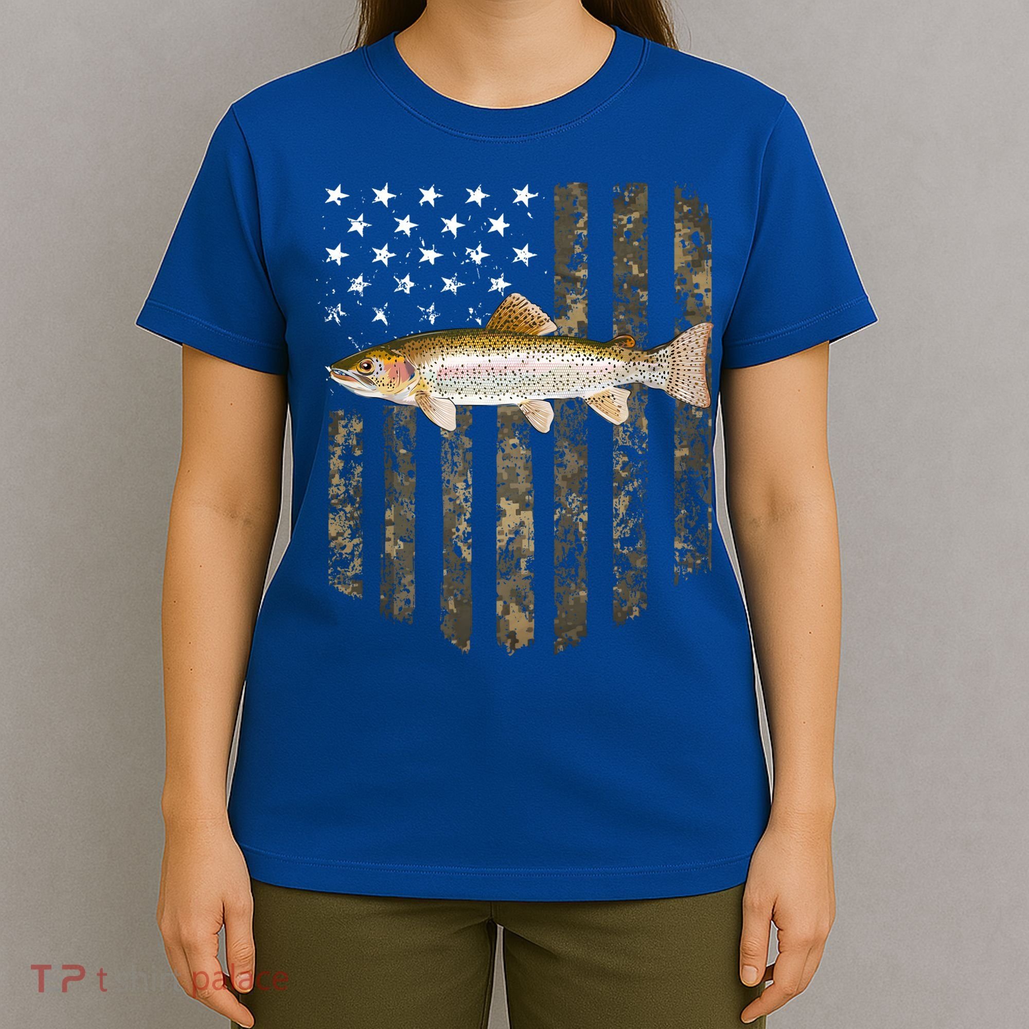 Camo American Flag Rainbow Trout Fishing 4th Of July Cute Gift T-Shirt