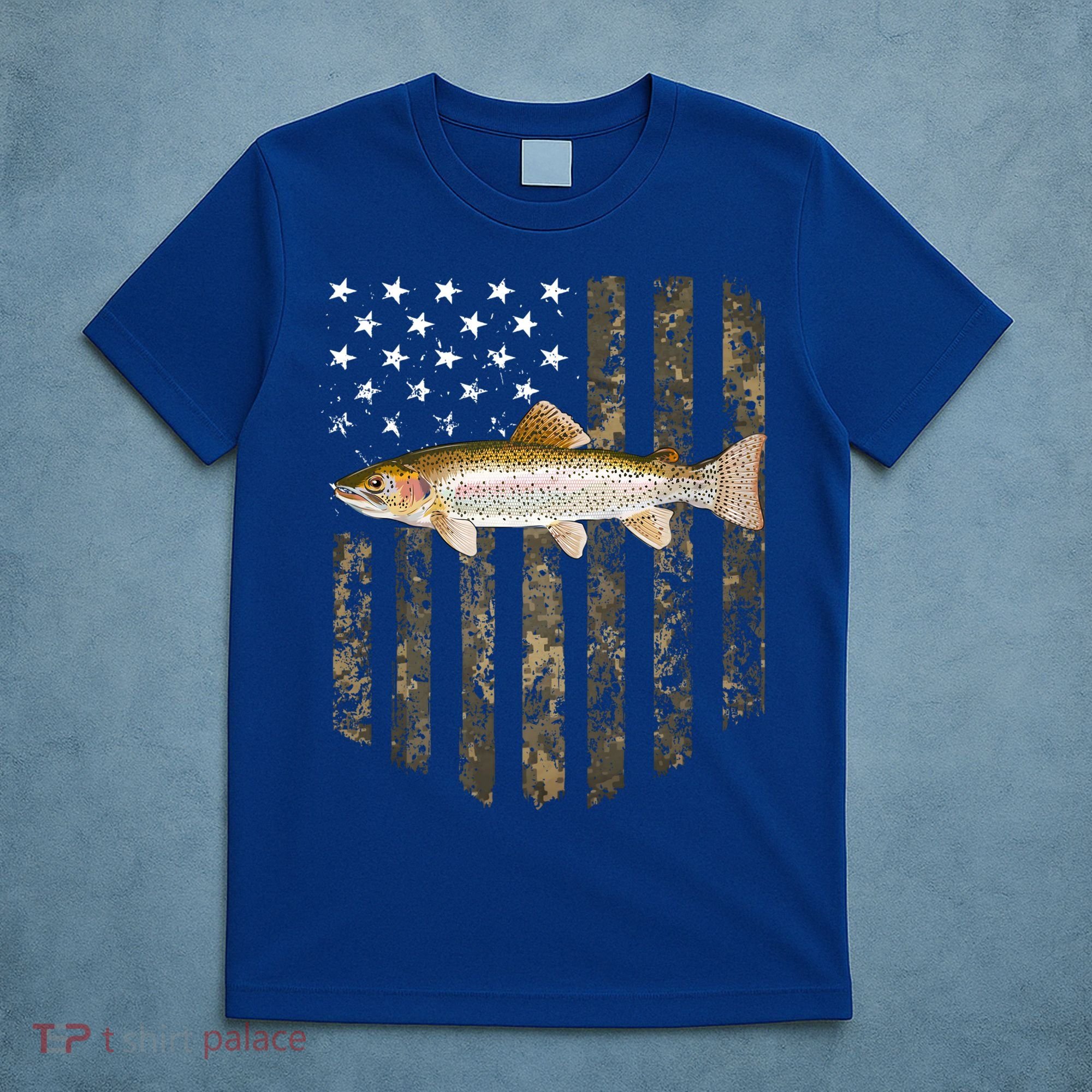 Camo American Flag Rainbow Trout Fishing 4th Of July Cute Gift T-Shirt