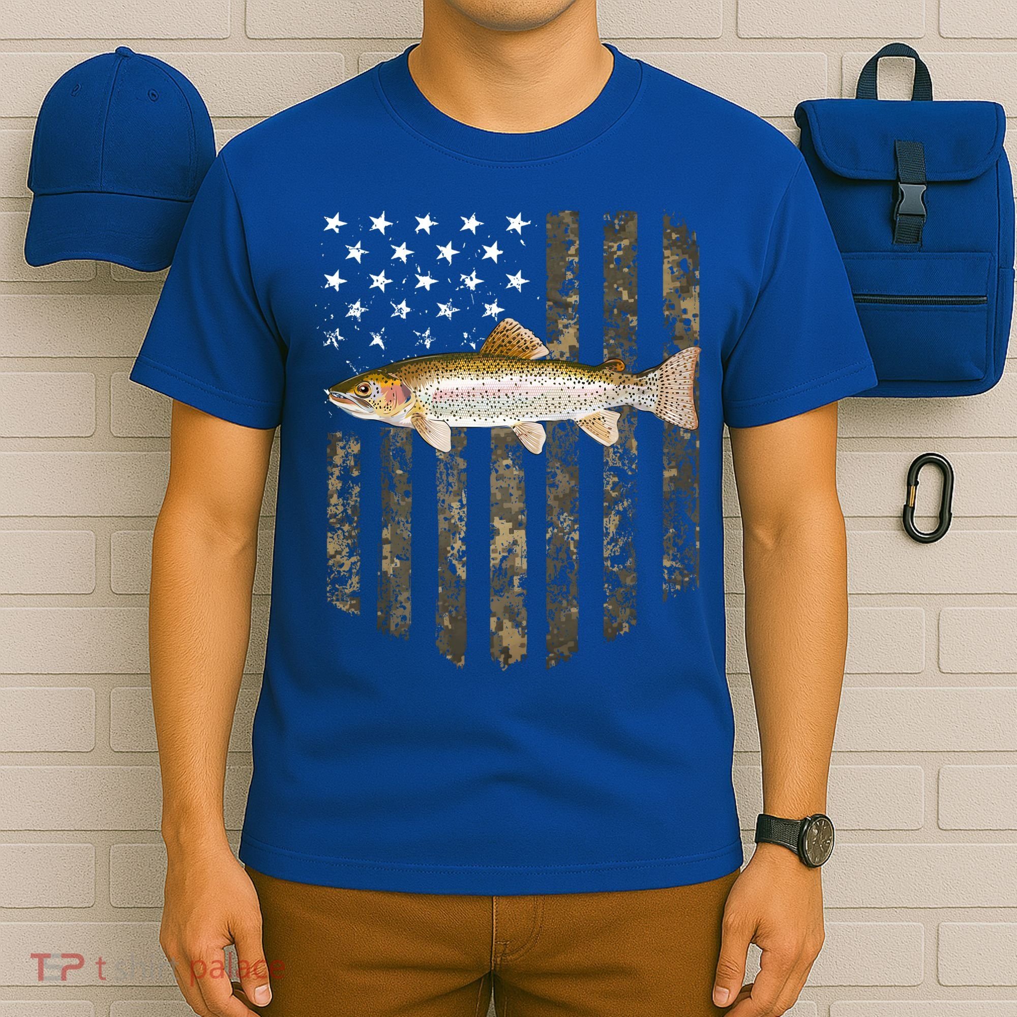 Camo American Flag Rainbow Trout Fishing 4th Of July Cute Gift T-Shirt