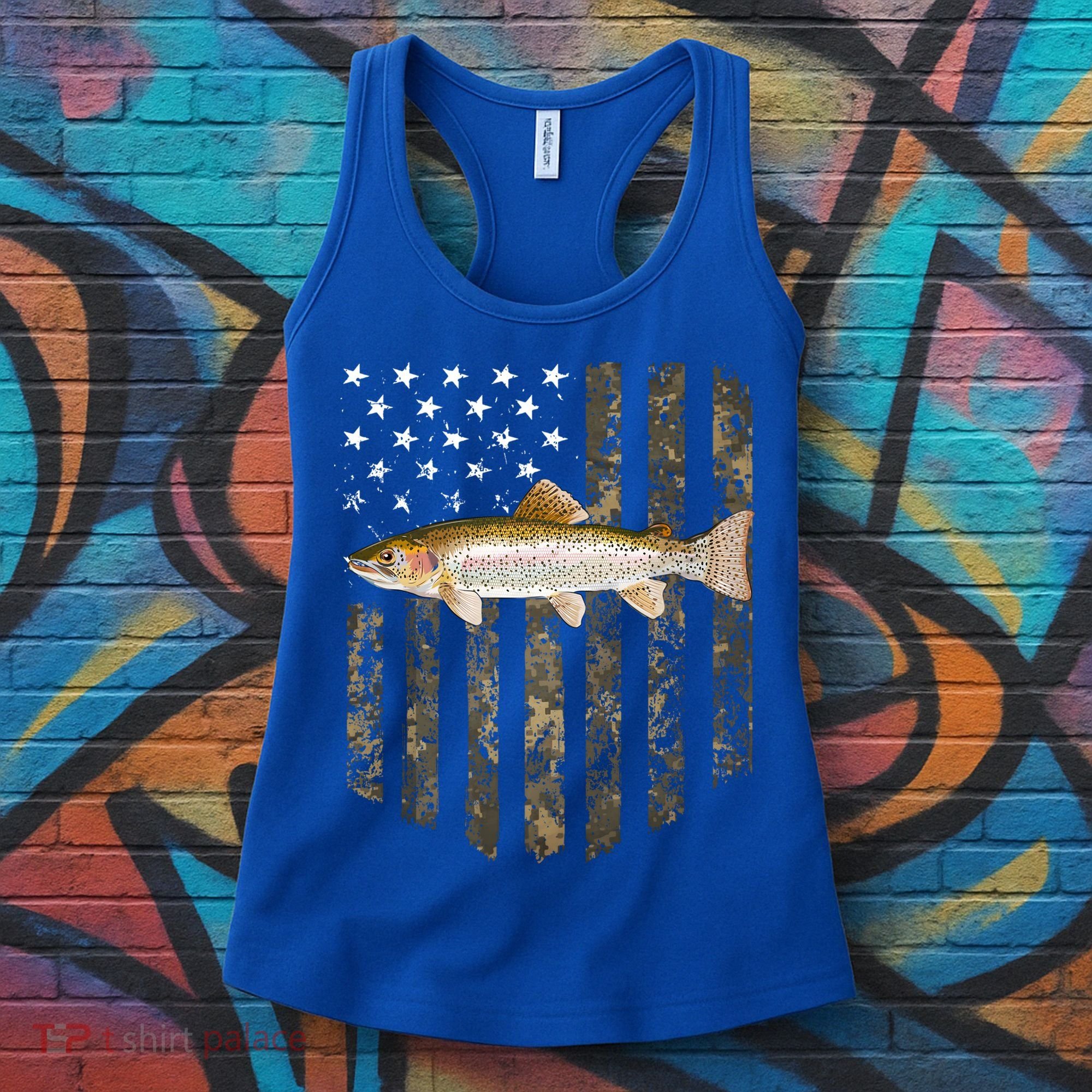 Camo American Flag Rainbow Trout Fishing 4th Of July Cute Gift Women's Tank Top