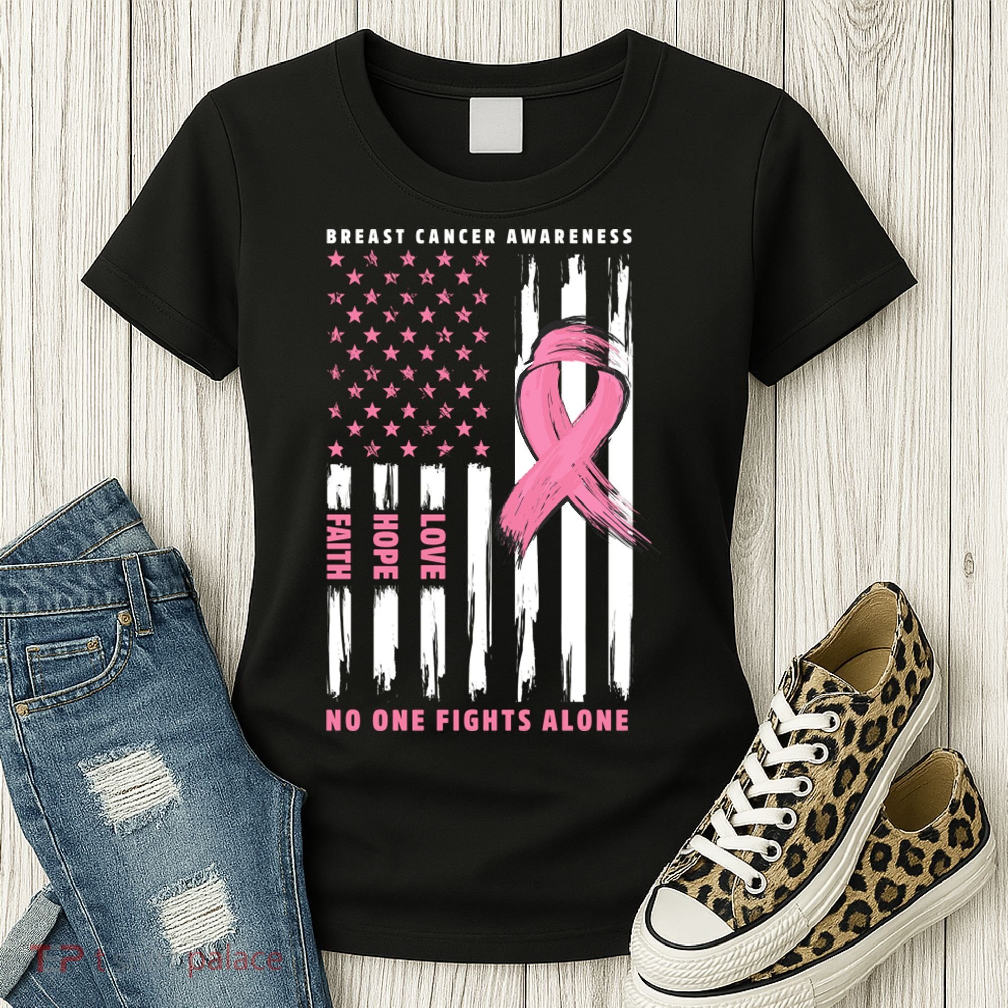 Cool American Flag Breast Cancer Awareness Women's T-Shirt