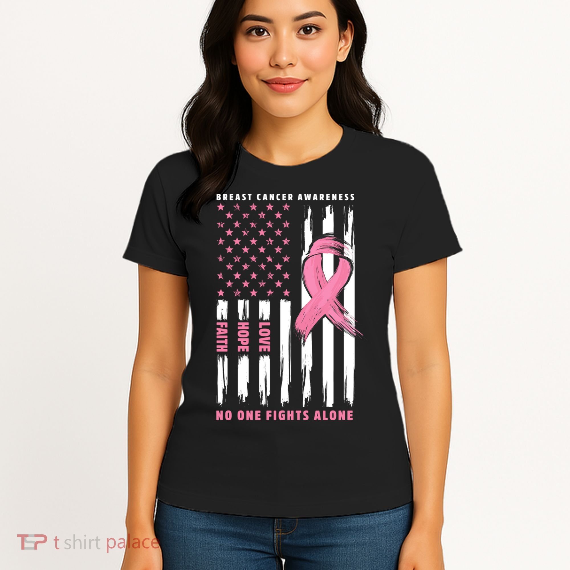 Cool American Flag Breast Cancer Awareness Women's T-Shirt