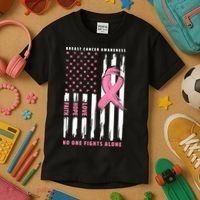 Cool American Flag Breast Cancer Awareness Kids T-Shirt thumb 3