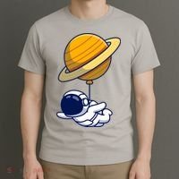 Cute Astronaut Floating On With Saturn Balloon T-Shirt thumb 3