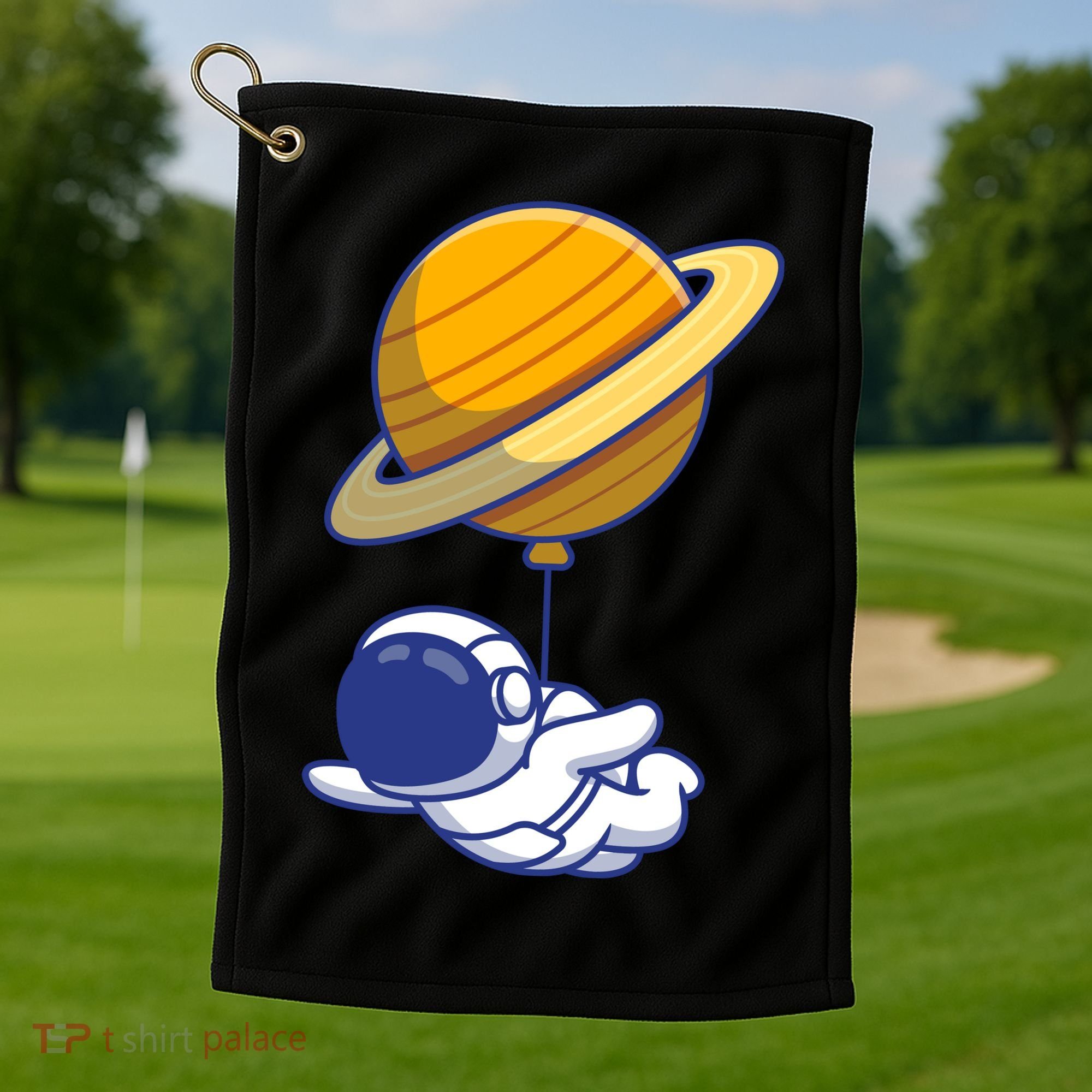 Cute Astronaut Floating On With Saturn Balloon Golf Towel