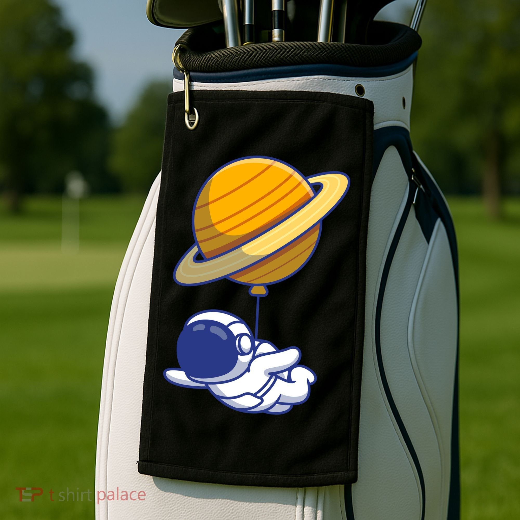 Cute Astronaut Floating On With Saturn Balloon Golf Towel