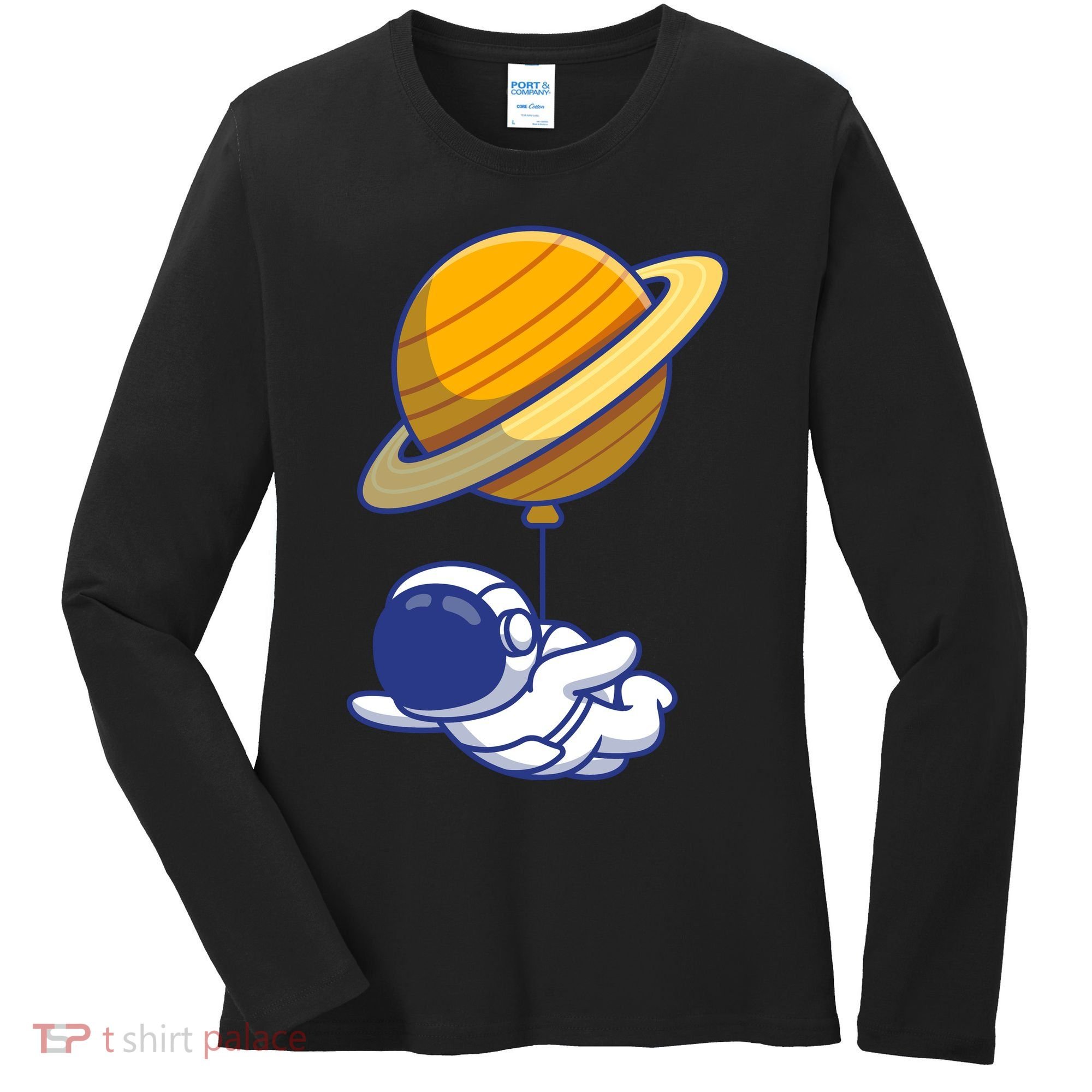 Cute Astronaut Floating On With Saturn Balloon Women's Long Sleeve Shirt