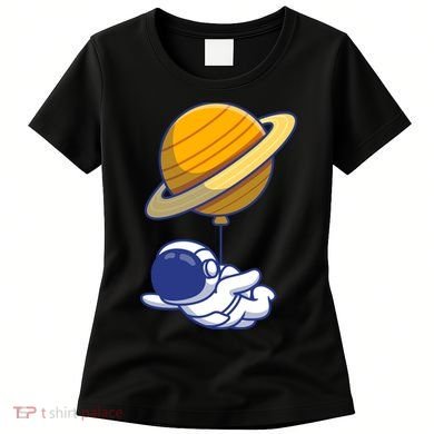 Cute Astronaut Floating On With Saturn Balloon Women's T-Shirt