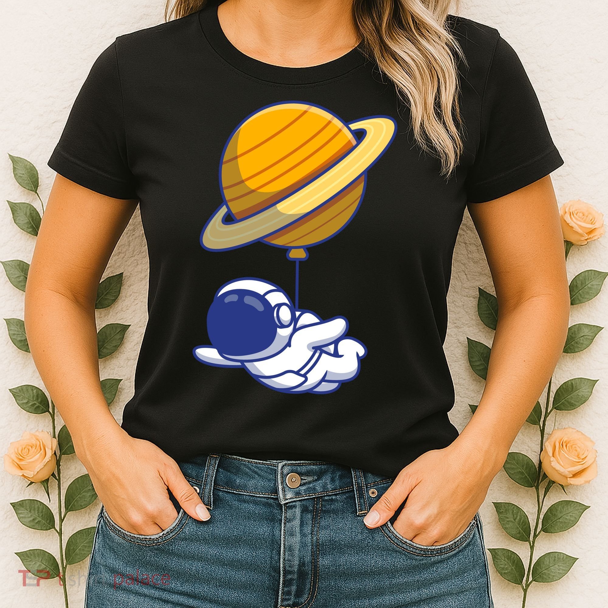 Cute Astronaut Floating On With Saturn Balloon Women's T-Shirt