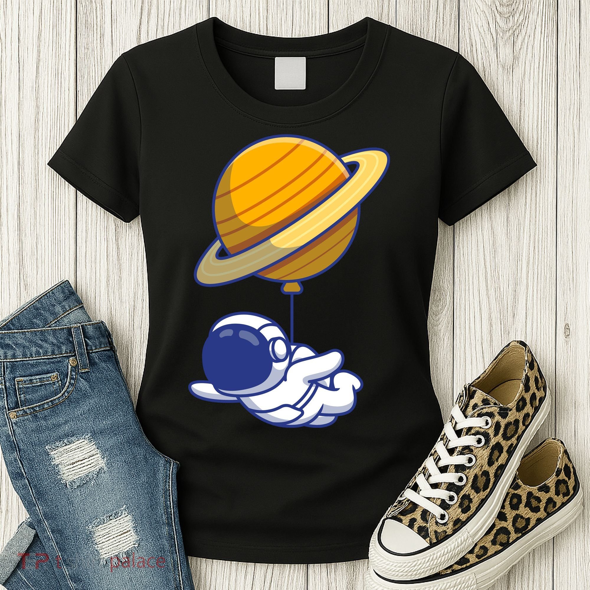 Cute Astronaut Floating On With Saturn Balloon Women's T-Shirt