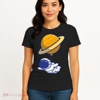 Cute Astronaut Floating On With Saturn Balloon Women's T-Shirt thumb 4